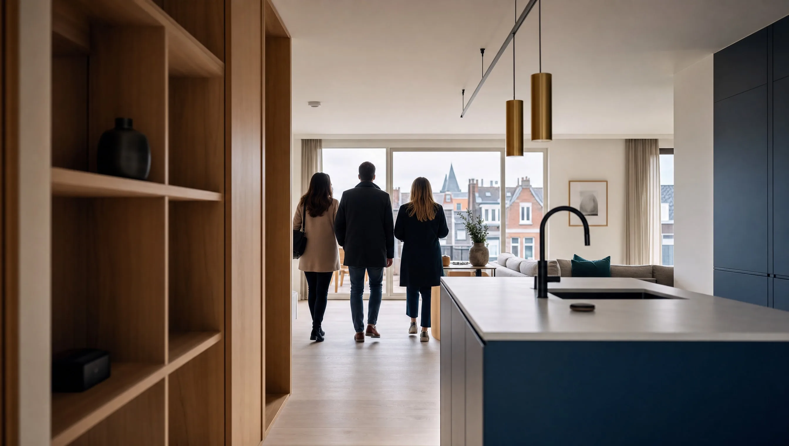 Acheteurs visitant un appartement neuf en Belgique