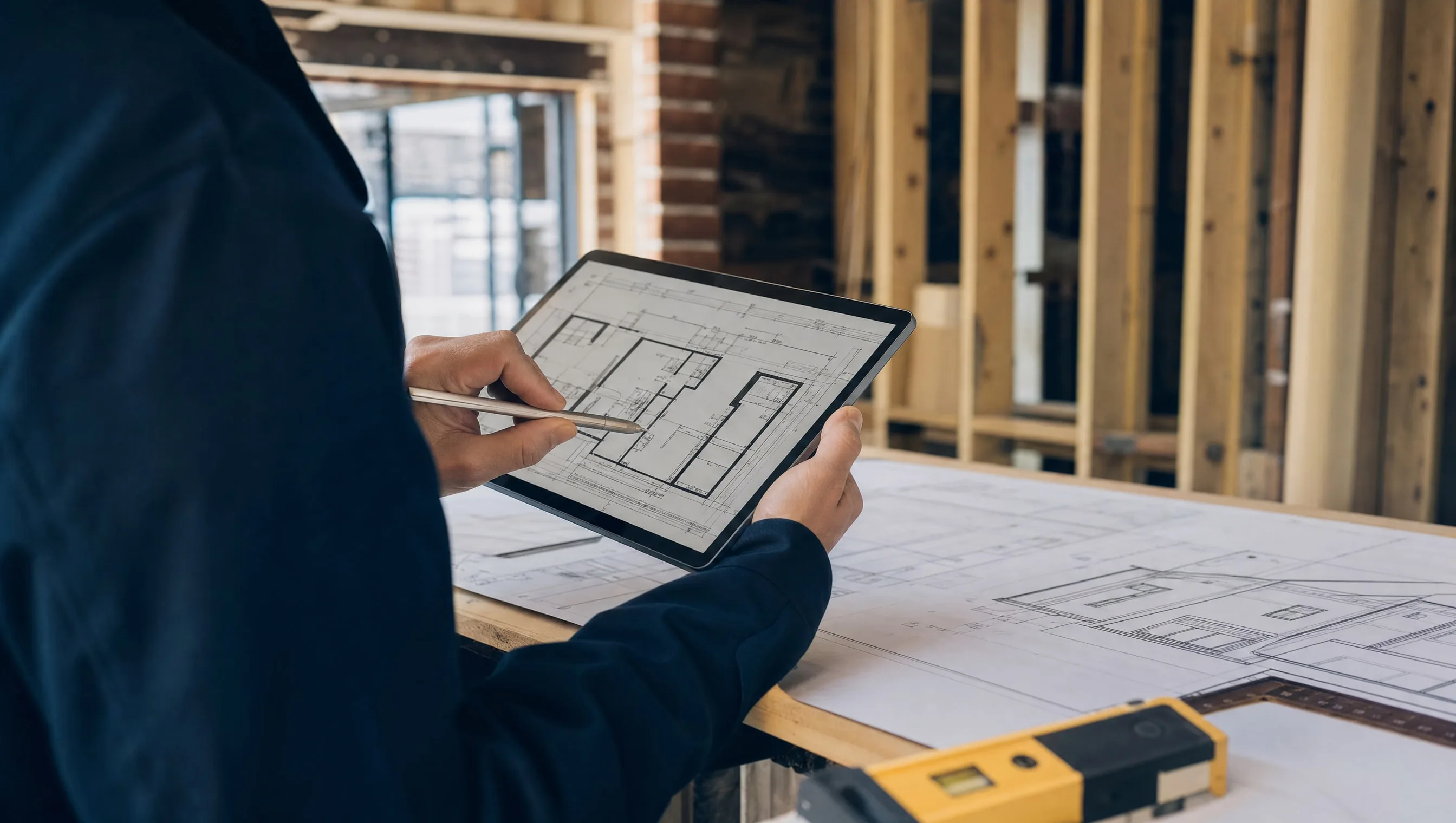 expert auditant des plans de construction sur tablette