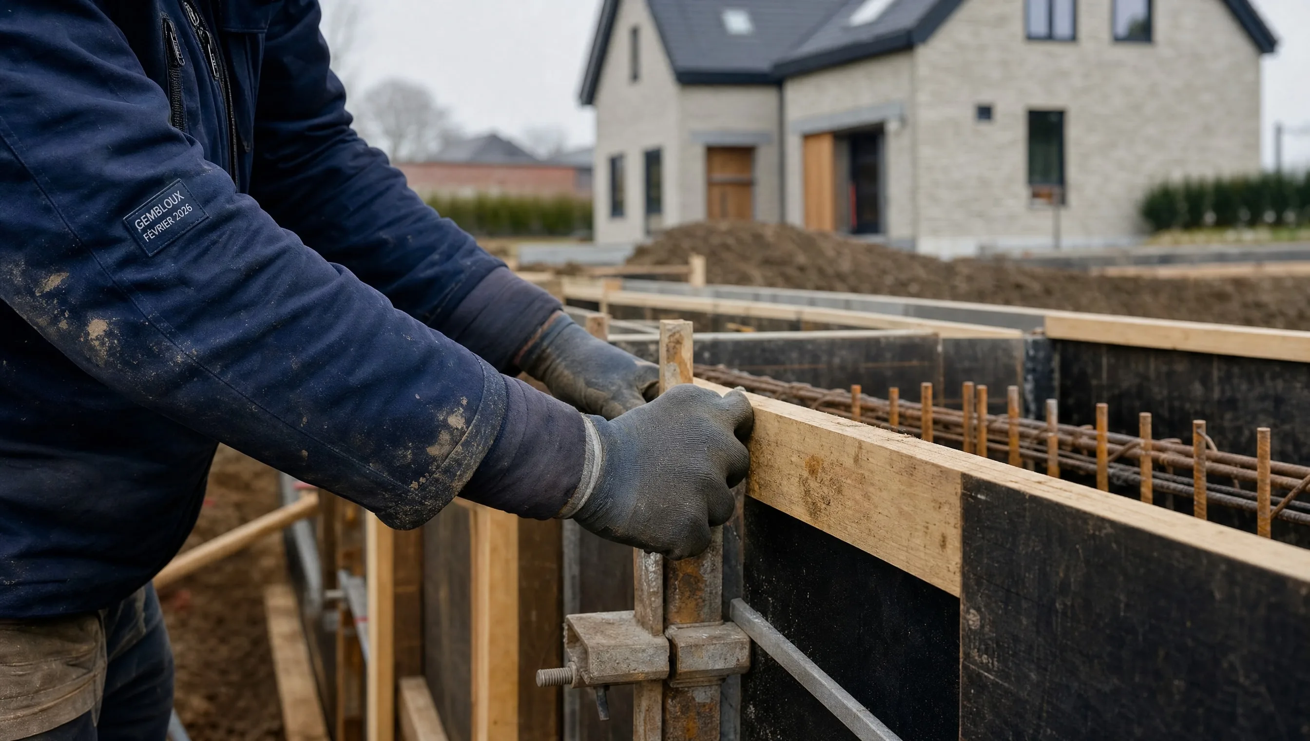 Chantier de villa quatre façades à Gembloux, ouvrier vérifiant le coffrage, février 2026