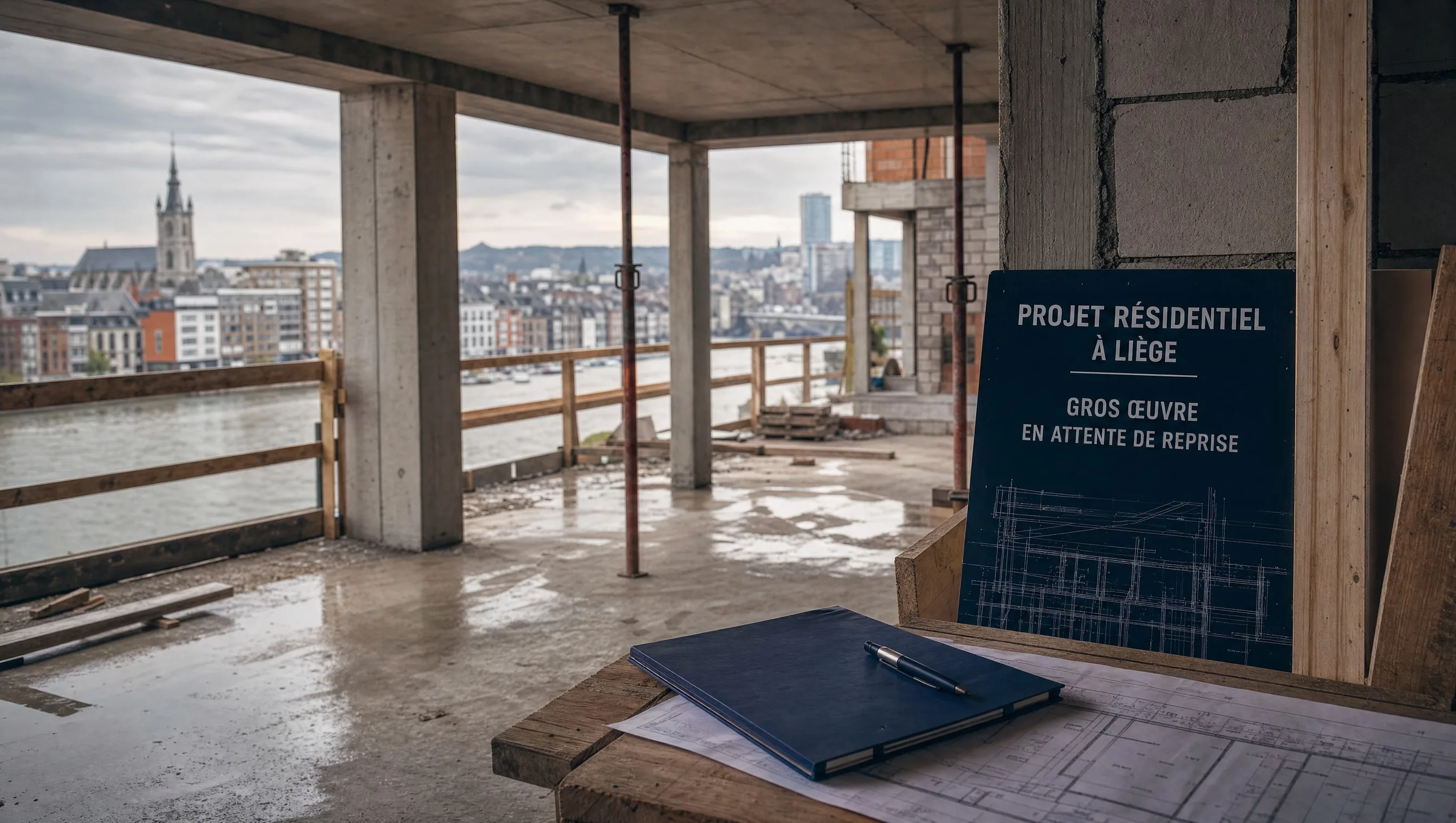 Chantier inachevé à Liège, gros œuvre interrompu en attente de reprise par un nouvel entrepreneur