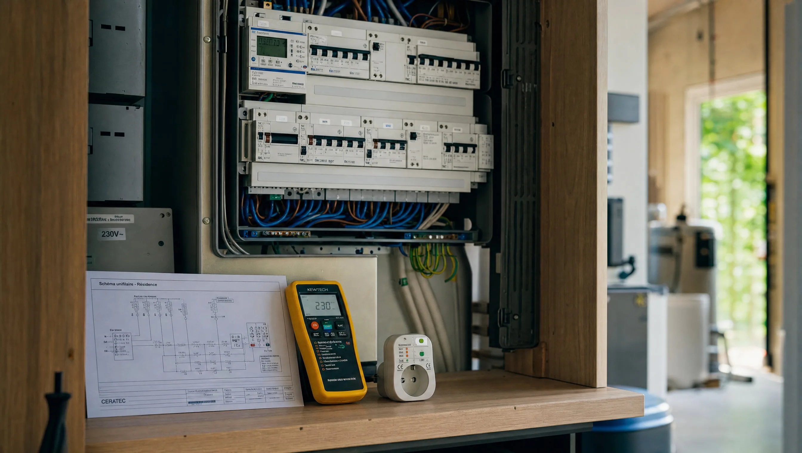 Tableau électrique ouvert dans un local technique avec testeur de prise et schéma unifilaire posés à proximité