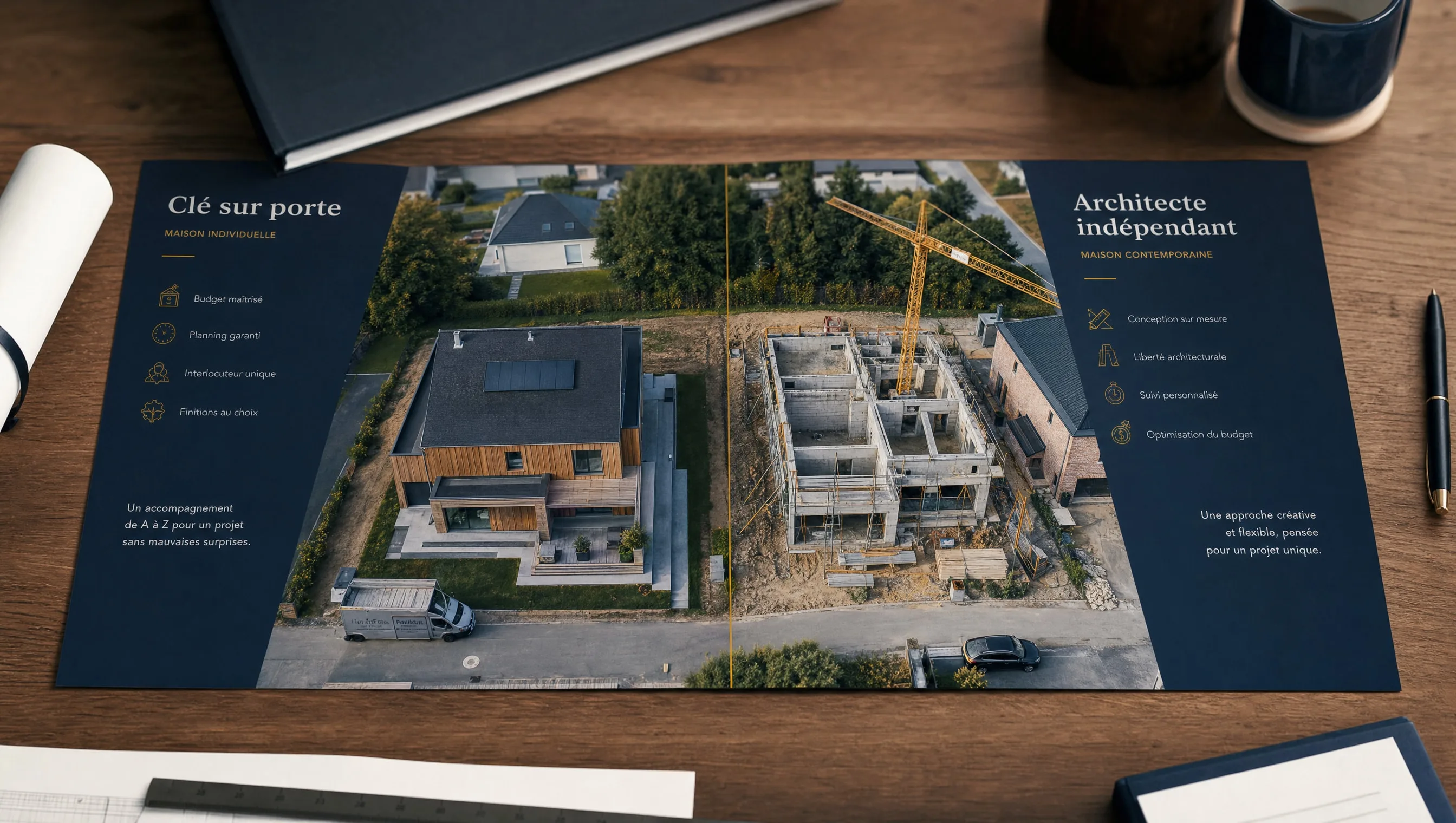 Vue aérienne de deux chantiers voisins en Wallonie, l'un clé sur porte, l'autre conduit par un architecte indépendant