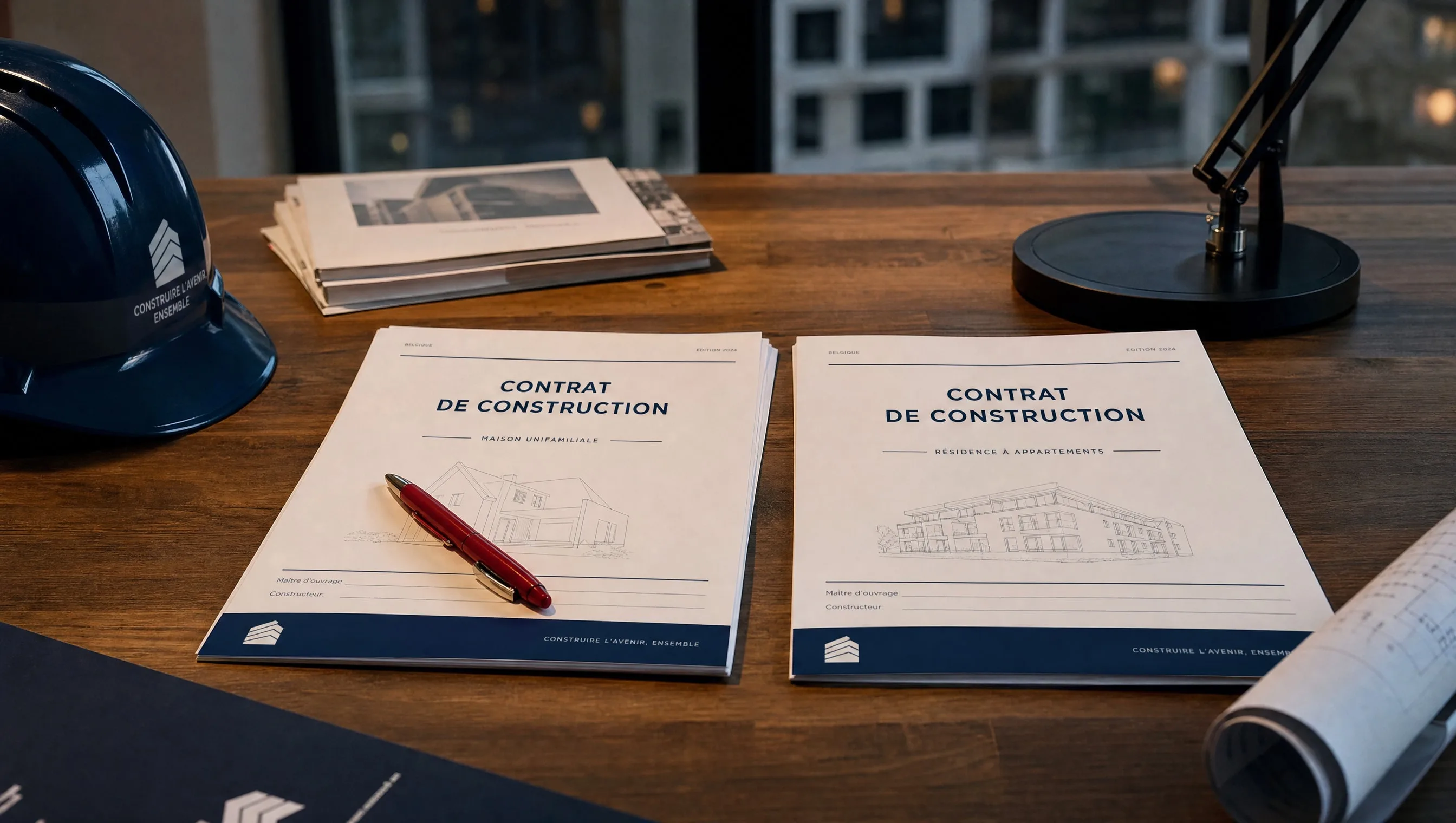 Deux contrats de construction posés côte à côte sur une table de bureau avec stylo rouge et lampe de bureau