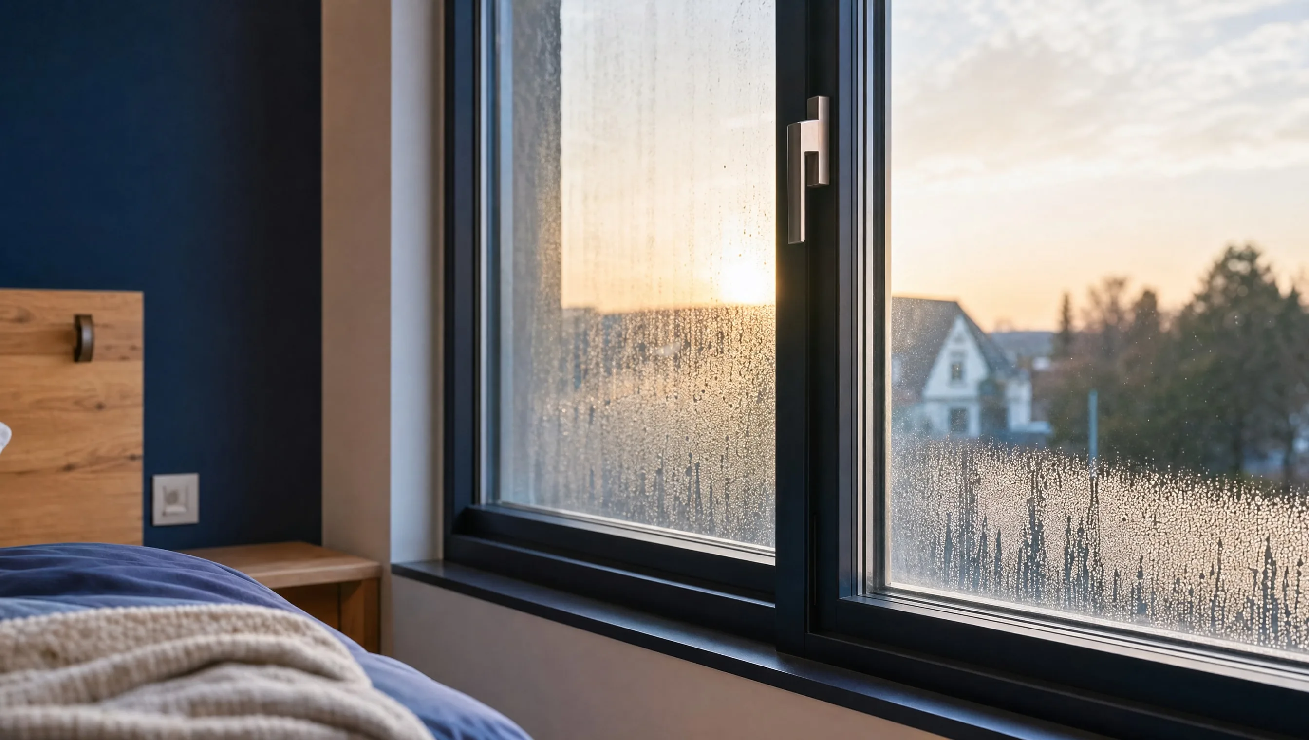 Fenêtre avec condensation matinale dans une chambre de maison neuve à Eupen, mai 2026