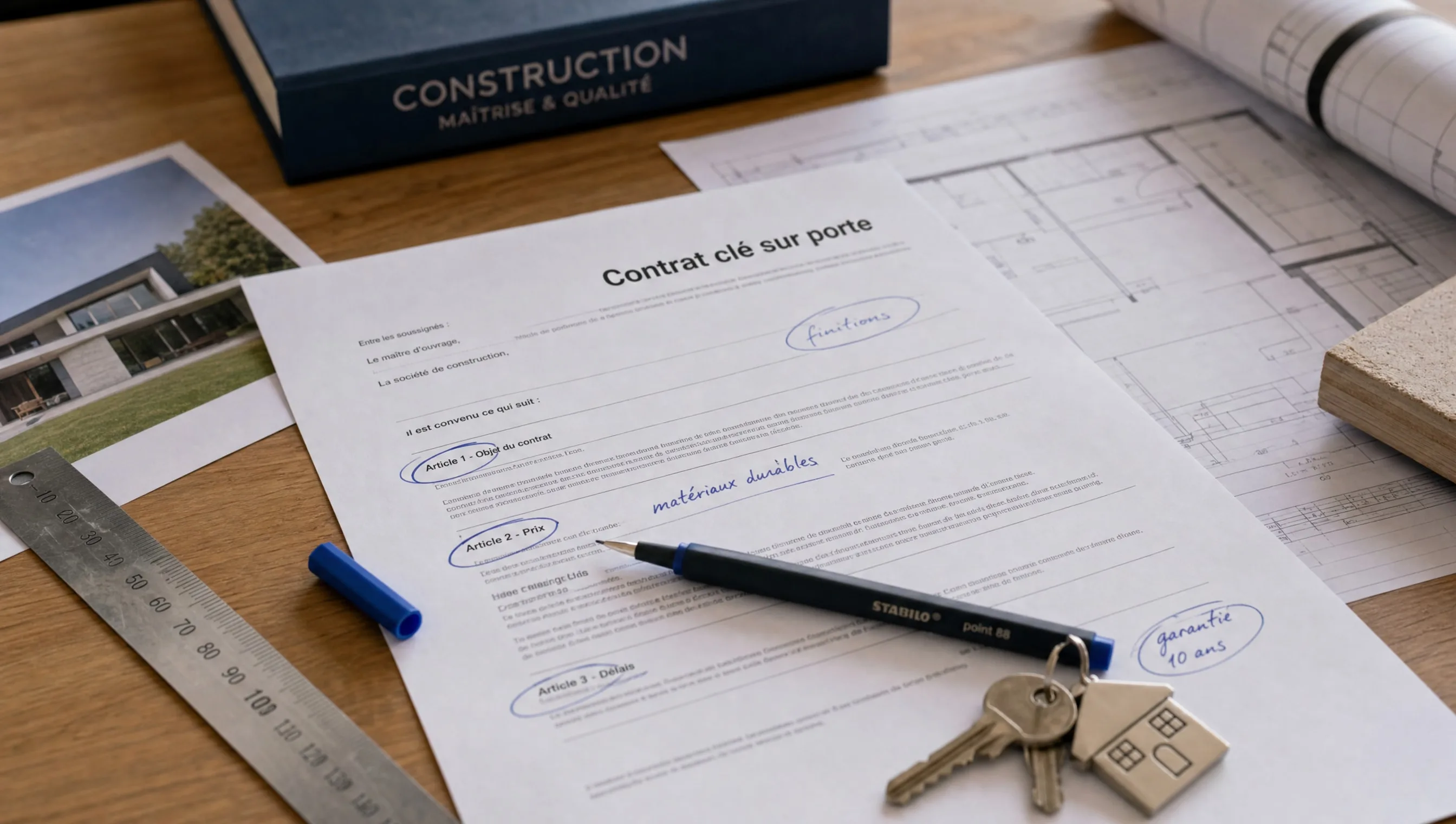 Contrat clé sur porte avec annotations Stabilo posé sur un bureau d'architecte avec règle métallique