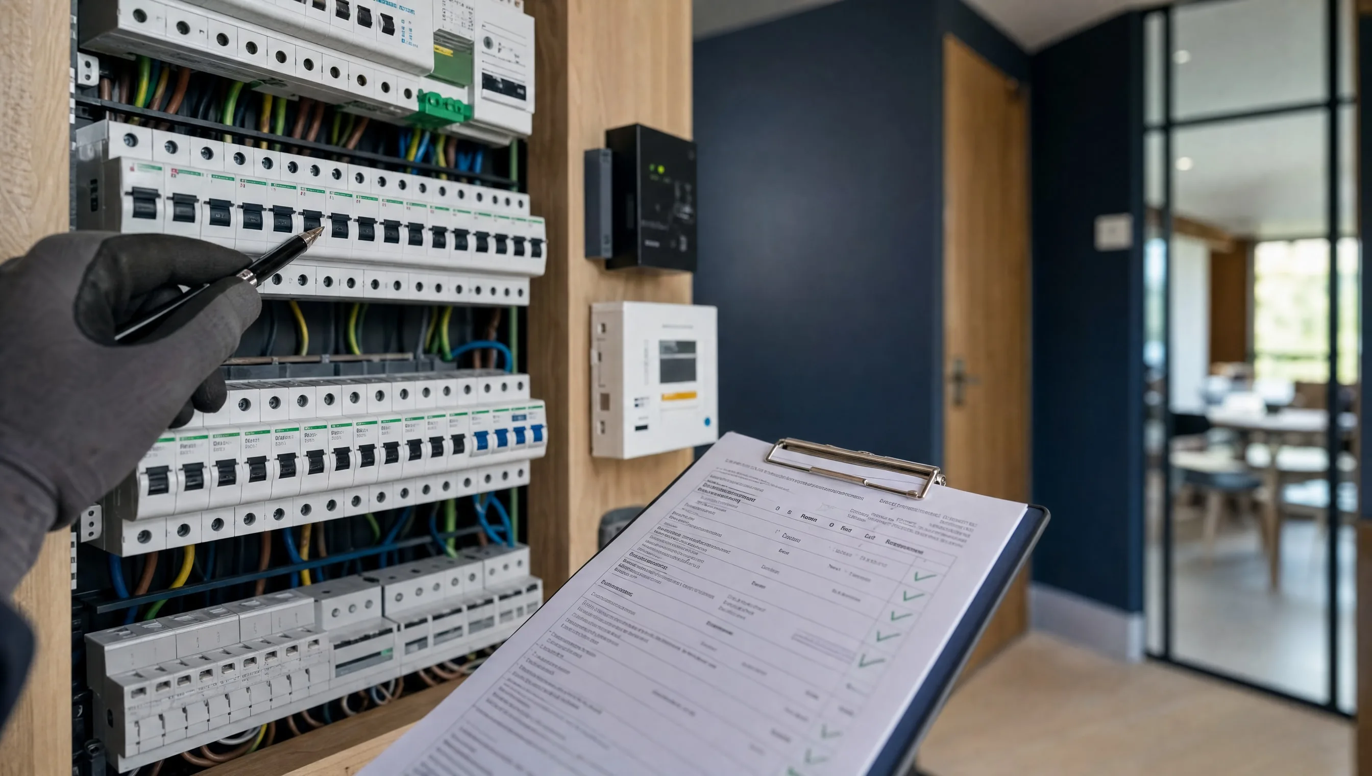 Tableau électrique d'une maison neuve à Mons en cours de contrôle RGIE par un expert