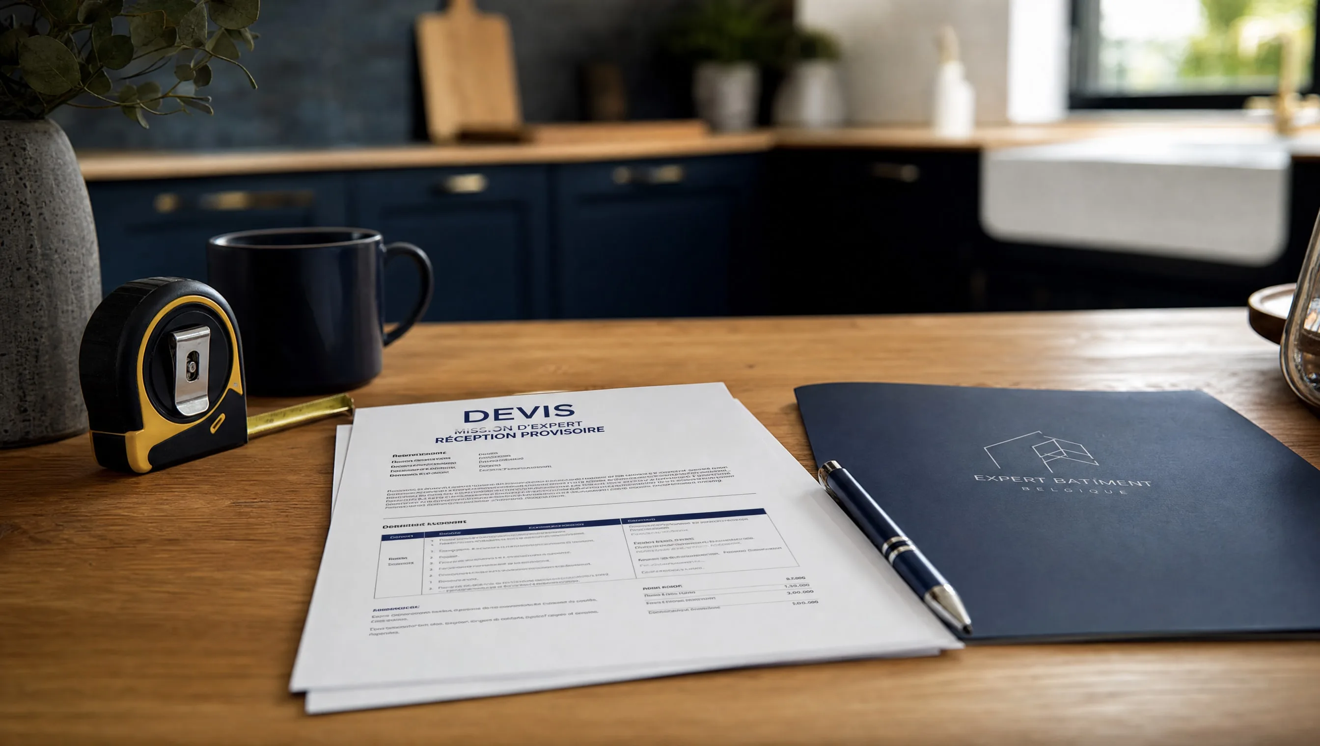 Devis de mission d'expert réception provisoire posé sur une table de cuisine, Liège