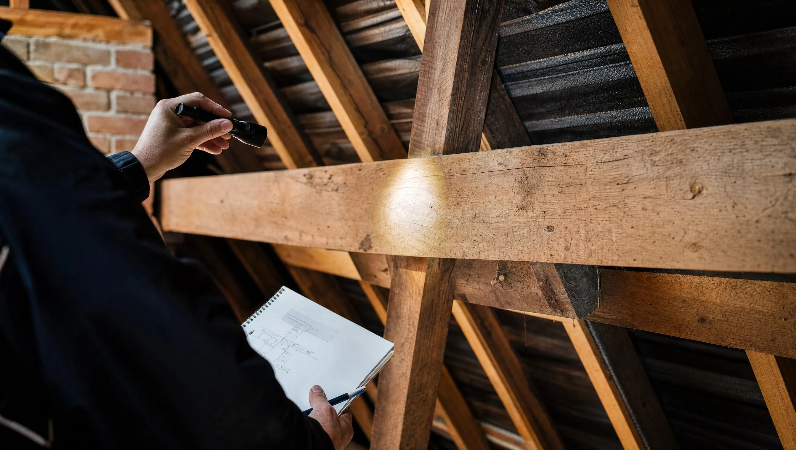 expert inspectant une charpente bois avec lampe et carnet de relevé