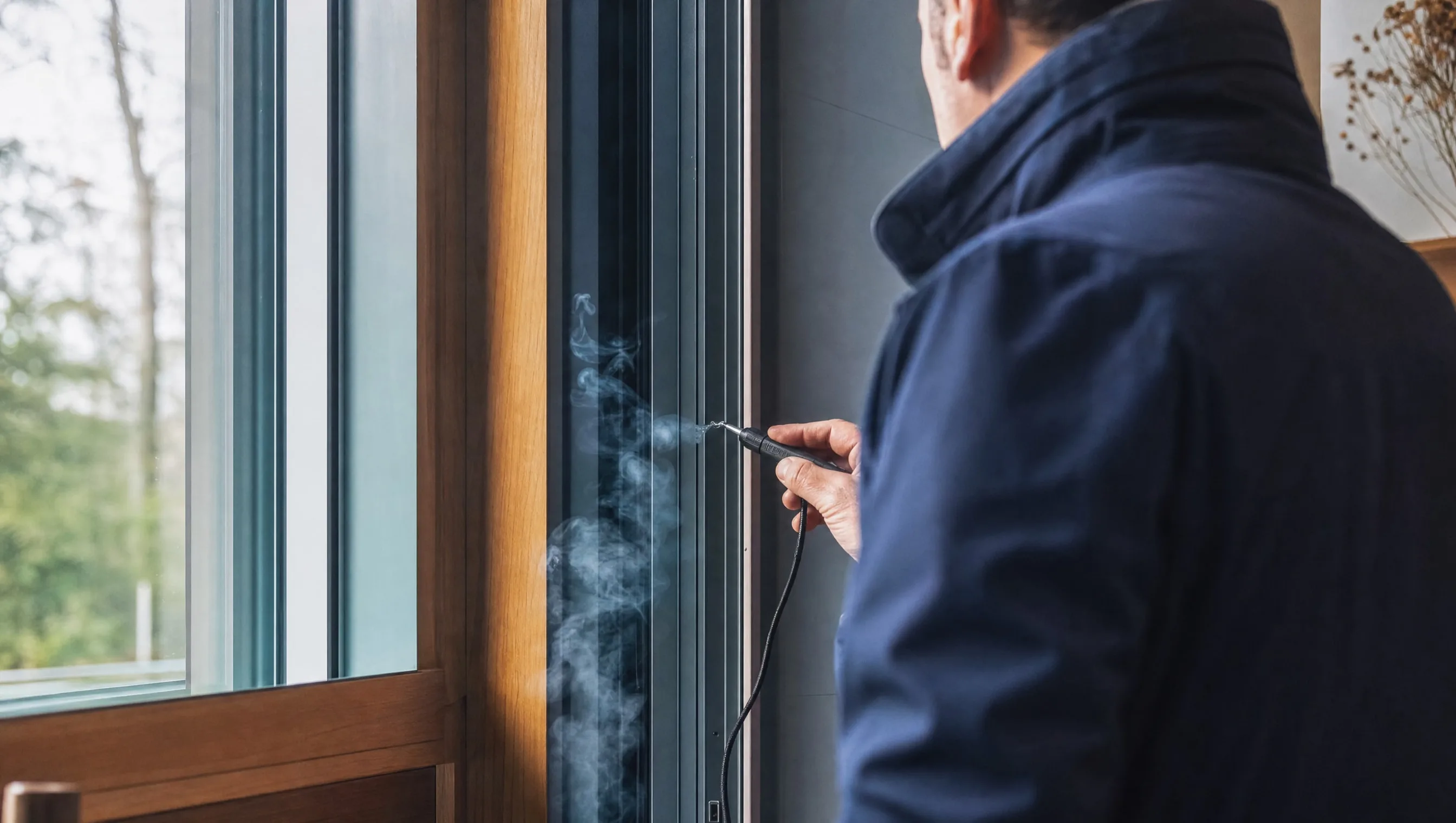 expert testant l'étanchéité à l'air d'un châssis avec fumigène