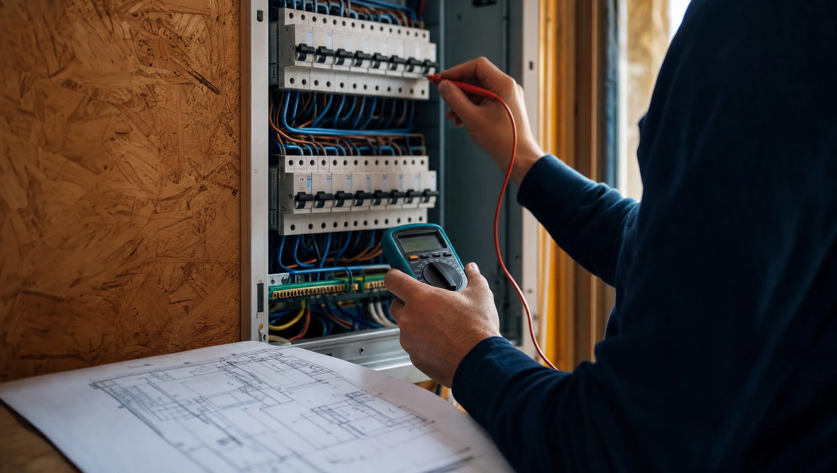 expert vérifiant un tableau électrique avec multimètre et plan unifilaire