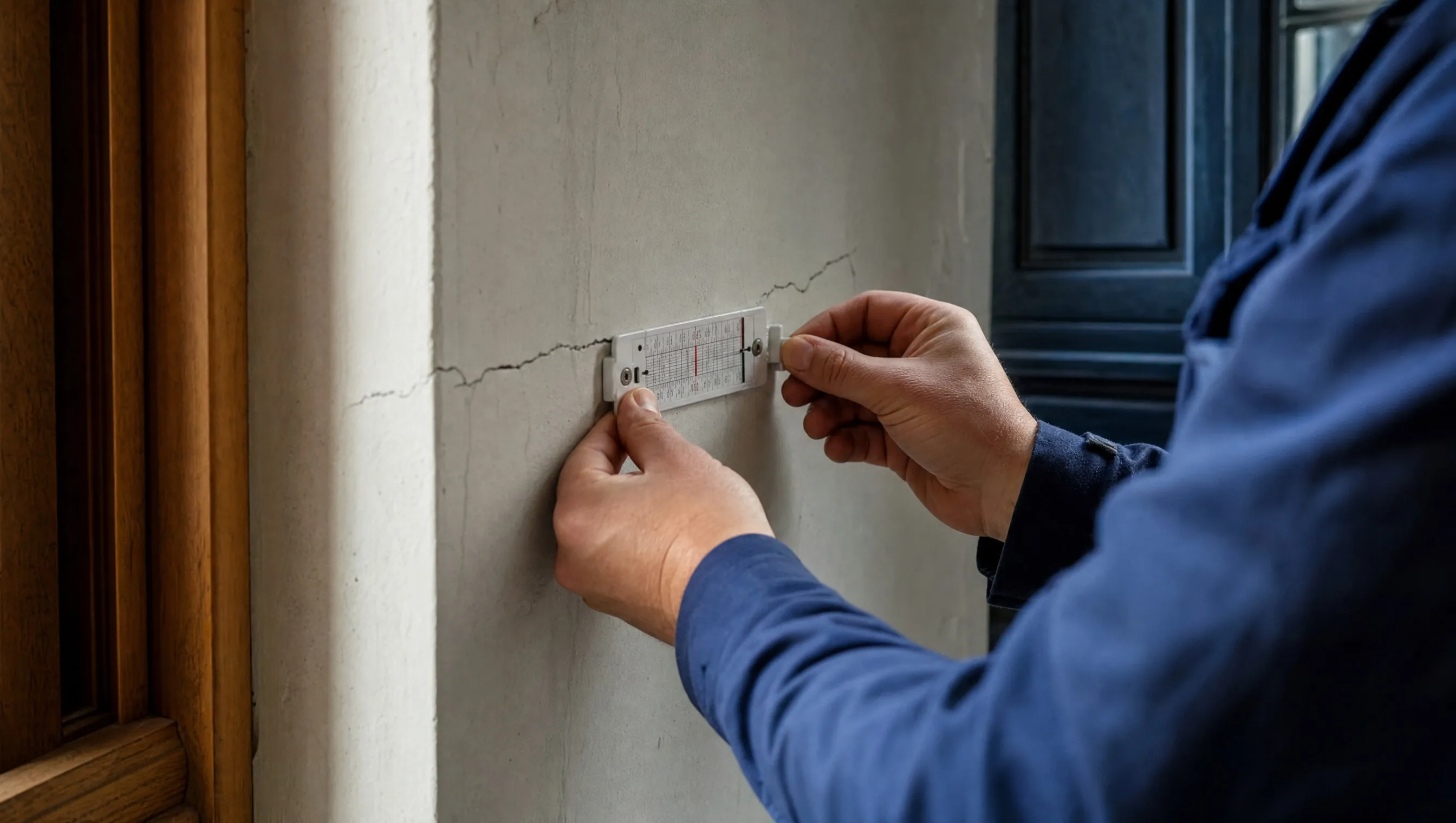 expert mesurant une fissure murale avec un fissuromètre