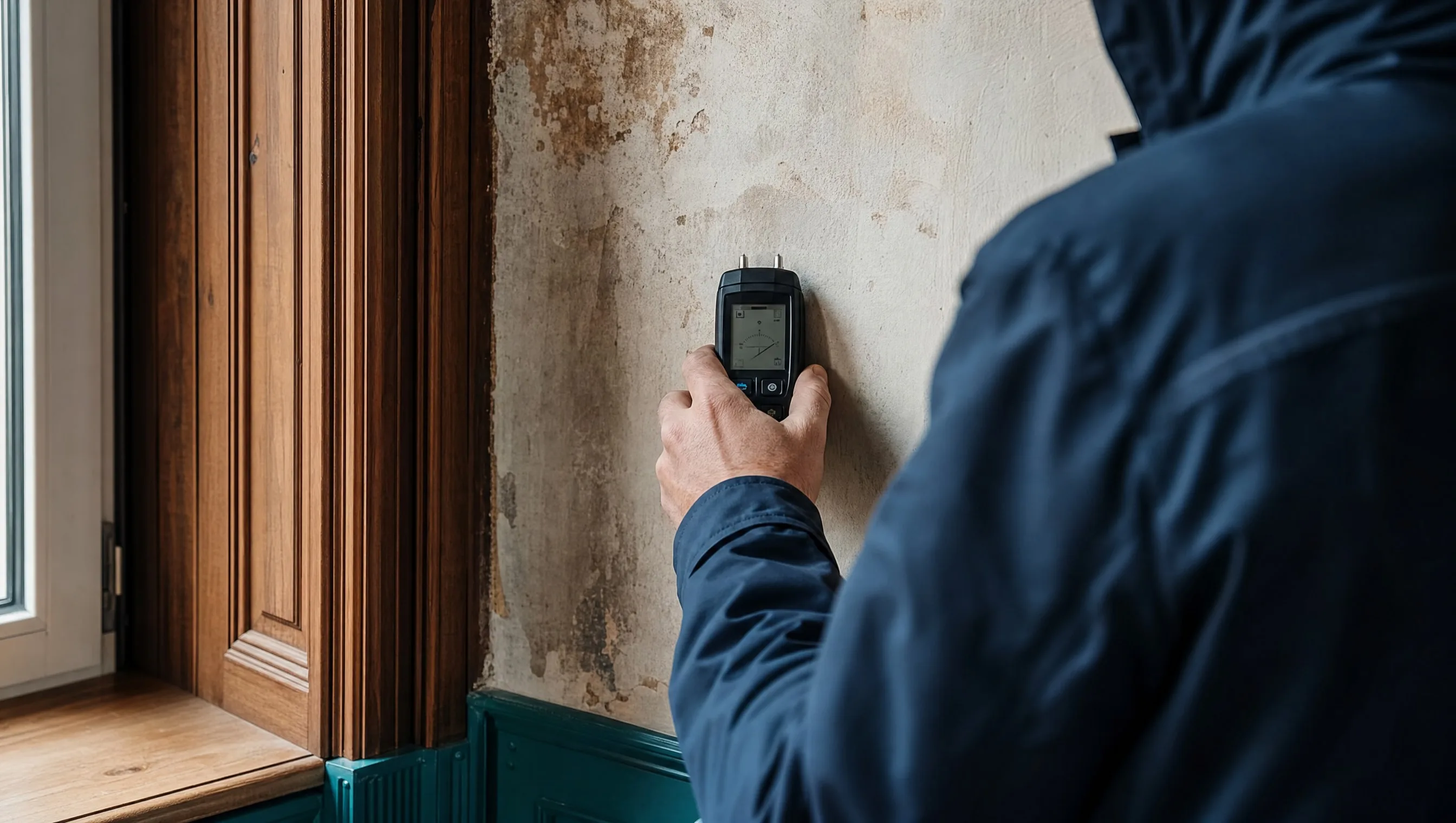 expert mesurant l'humidité d'un mur avec un hygromètre