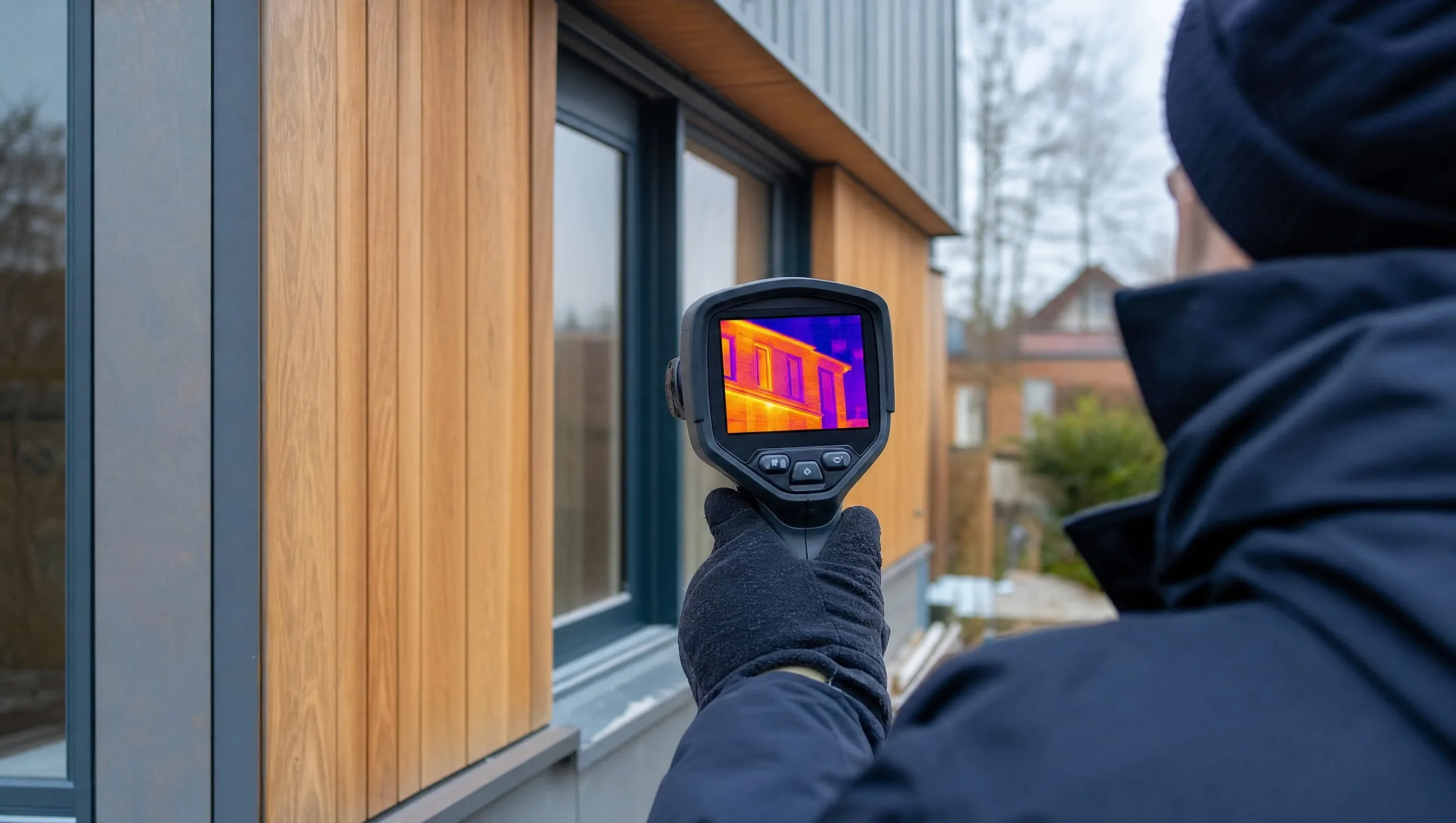 expert utilisant une caméra thermique pour repérer les ponts thermiques d'une façade