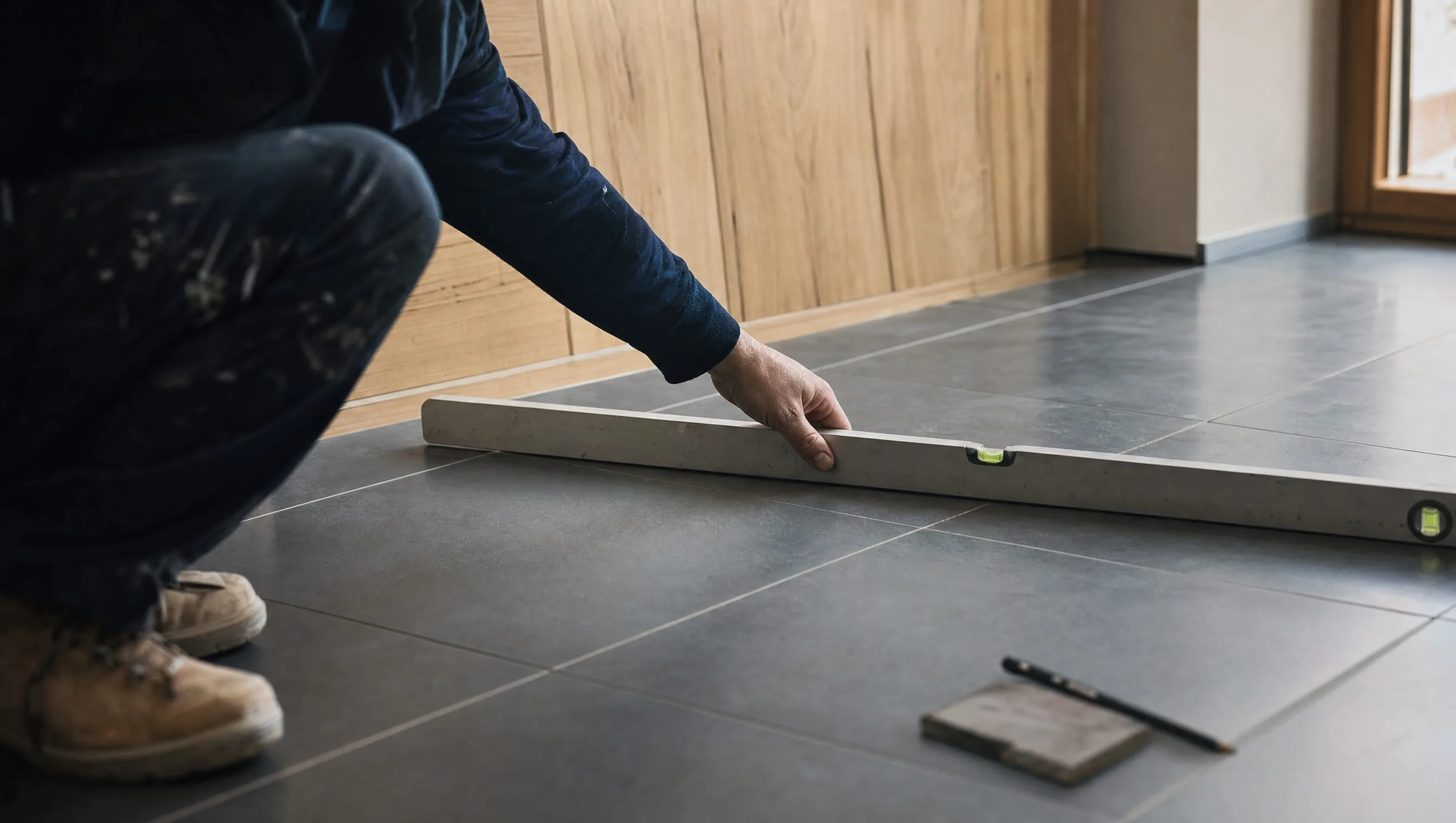 expert mesurant la planéité d'un carrelage à la règle de maçon