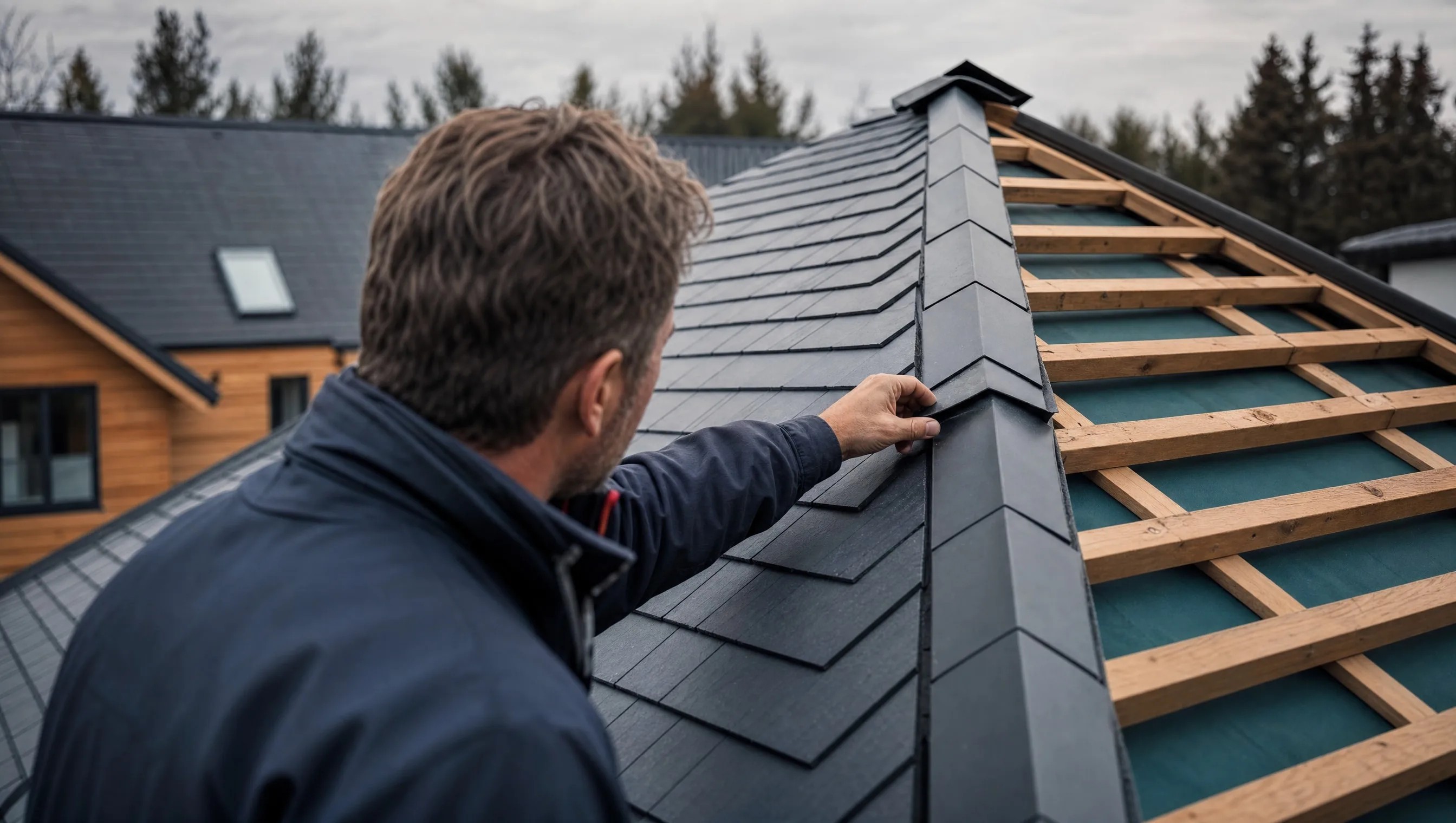 expert sur toiture en pente inspectant solins et faîtage