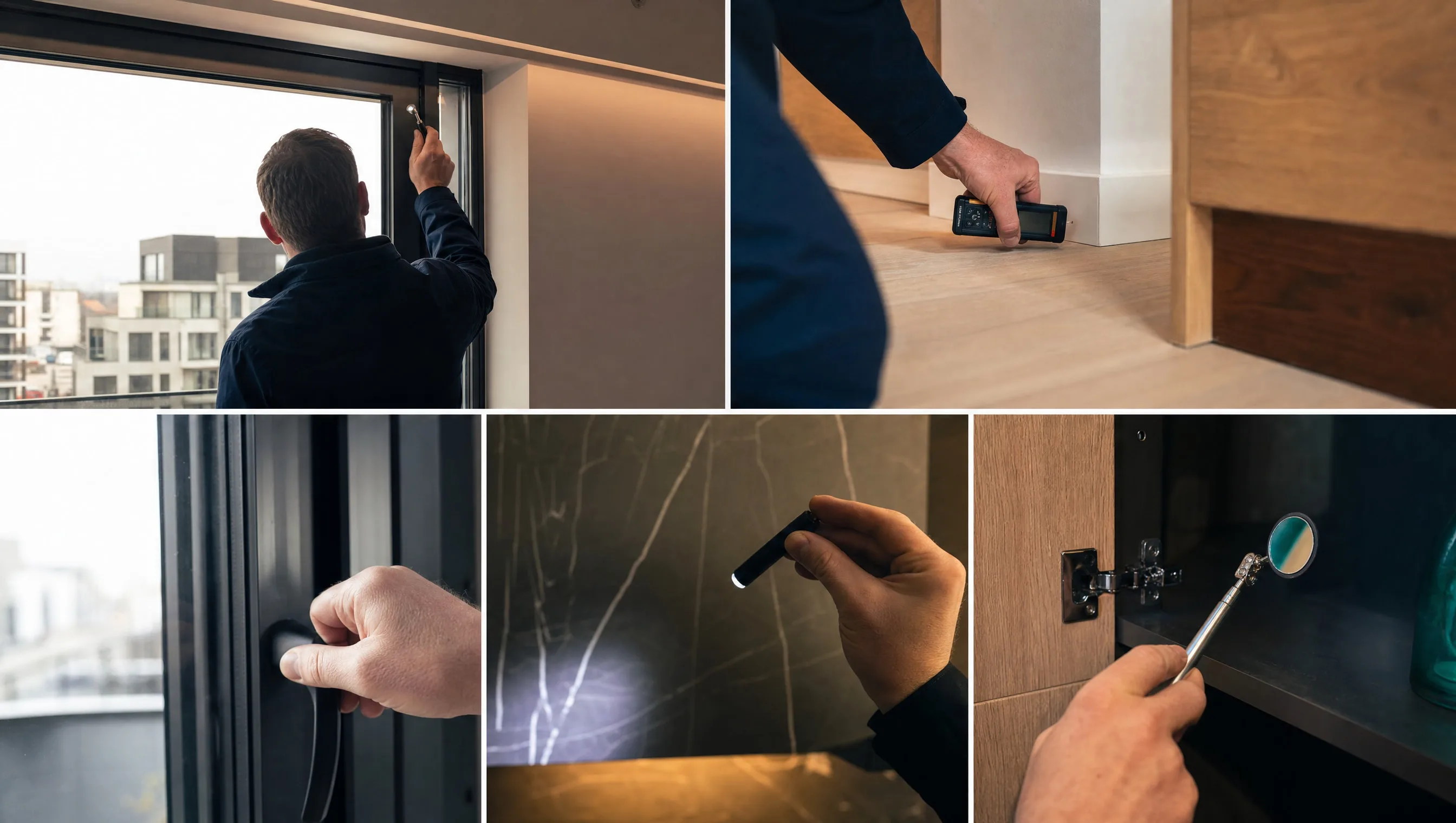 expert vérifiant les finitions d'un appartement neuf en VEFA