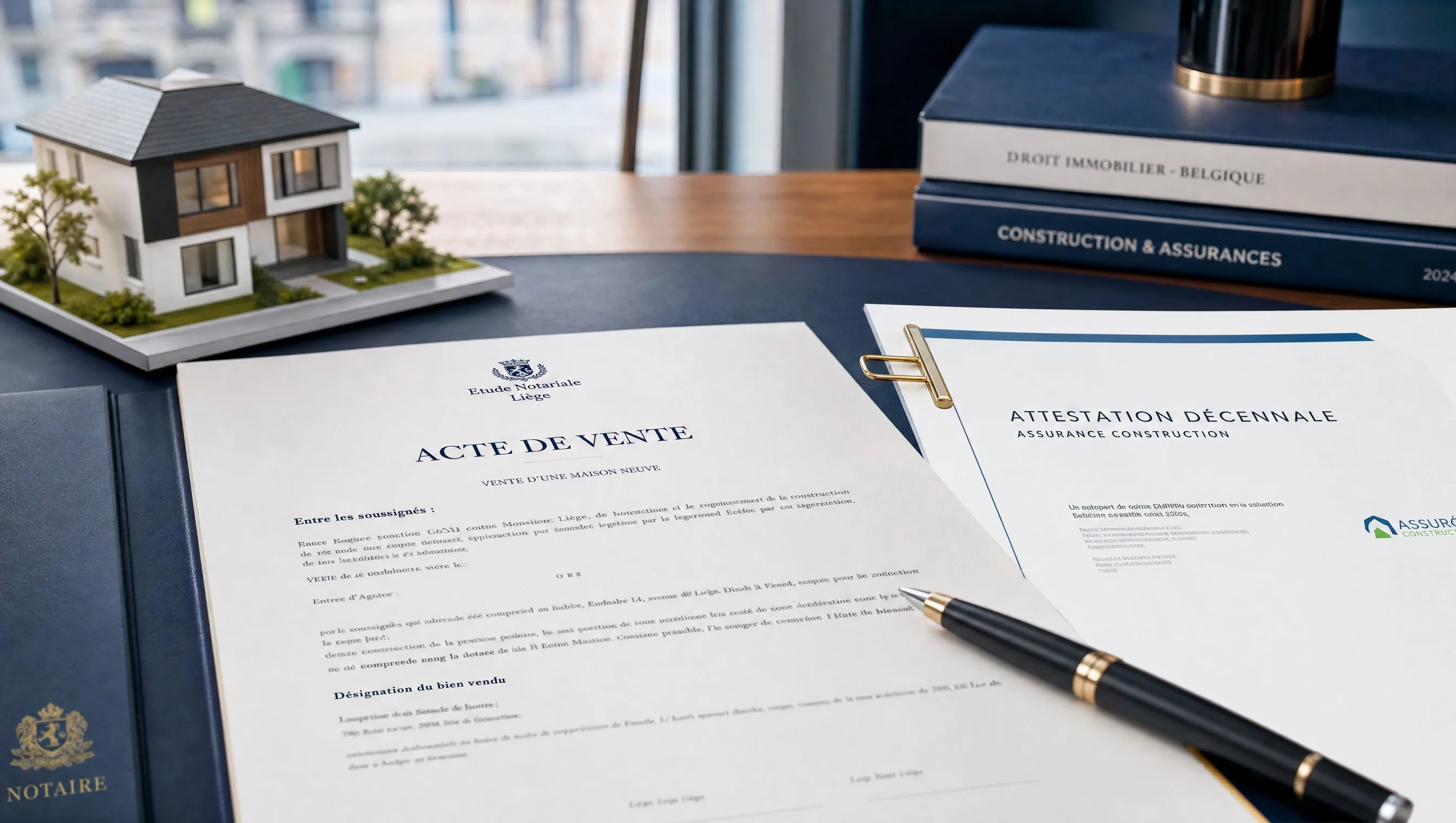 Acte notarié de vente d'une maison neuve avec attestation décennale annexée, Liège