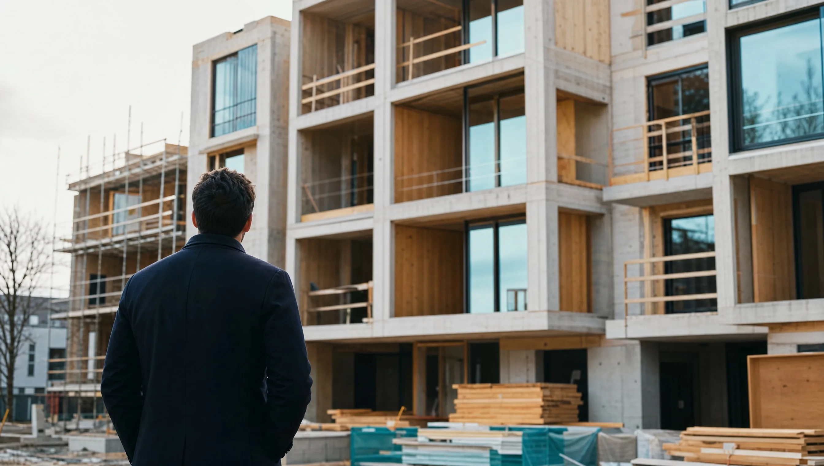Investisseur immobilier devant un programme neuf en construction en Belgique