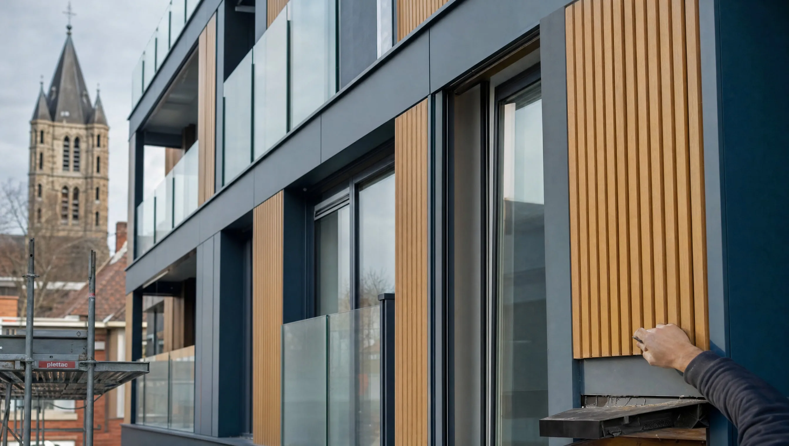 Façade d'immeuble neuf à Tournai en cours de finition tardive, en mars 2026