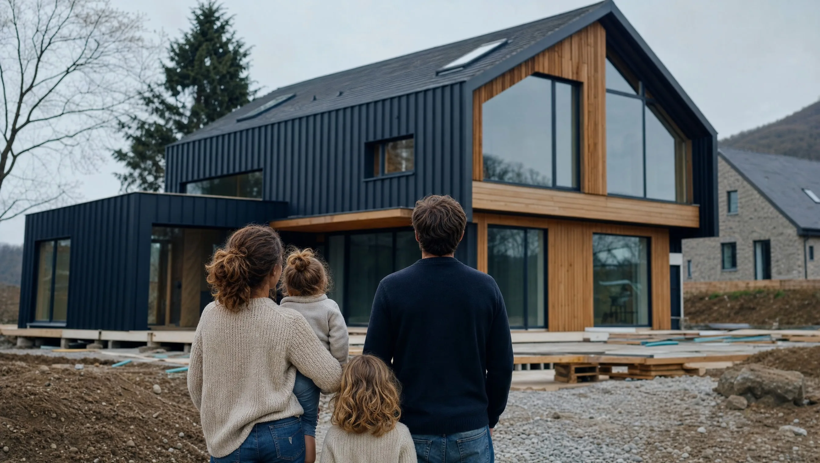 Famille devant sa maison neuve en construction en Belgique