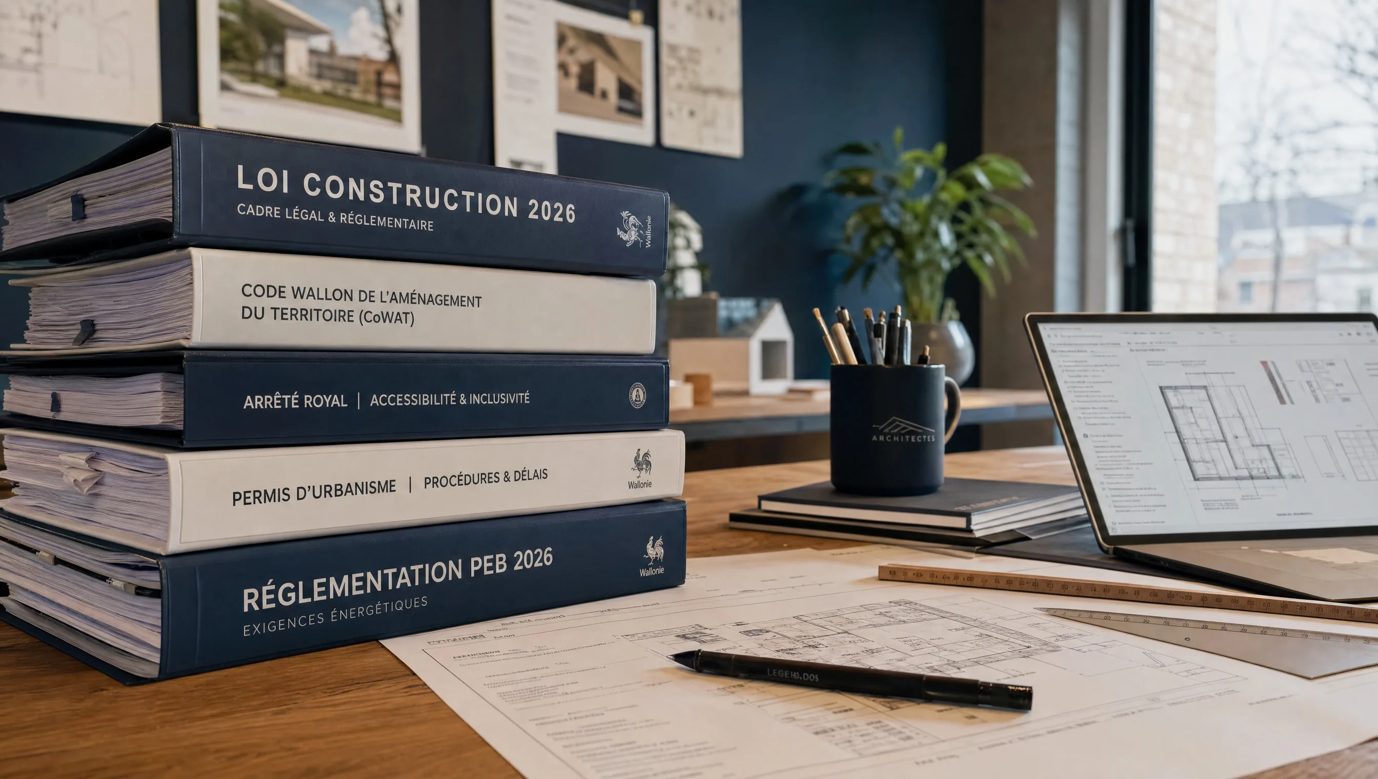 Pile de documents réglementaires liés à la loi construction 2026 sur un bureau d'architecte