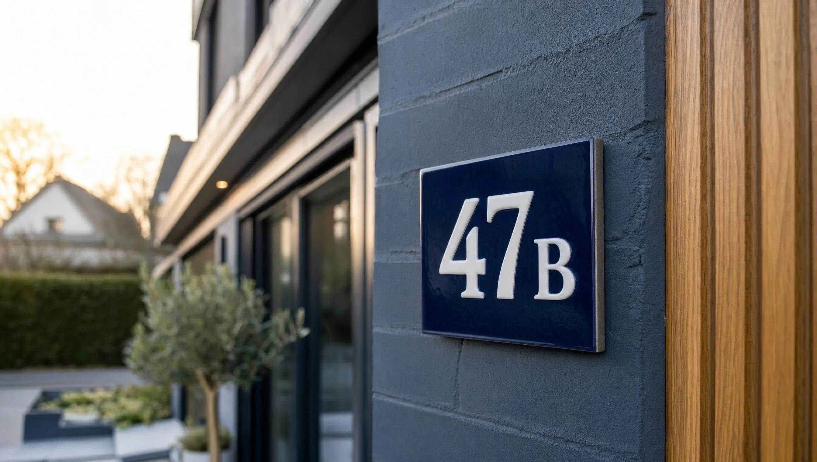 Numéro de police 47B en céramique fixé sur la façade d'une maison neuve à Wavre