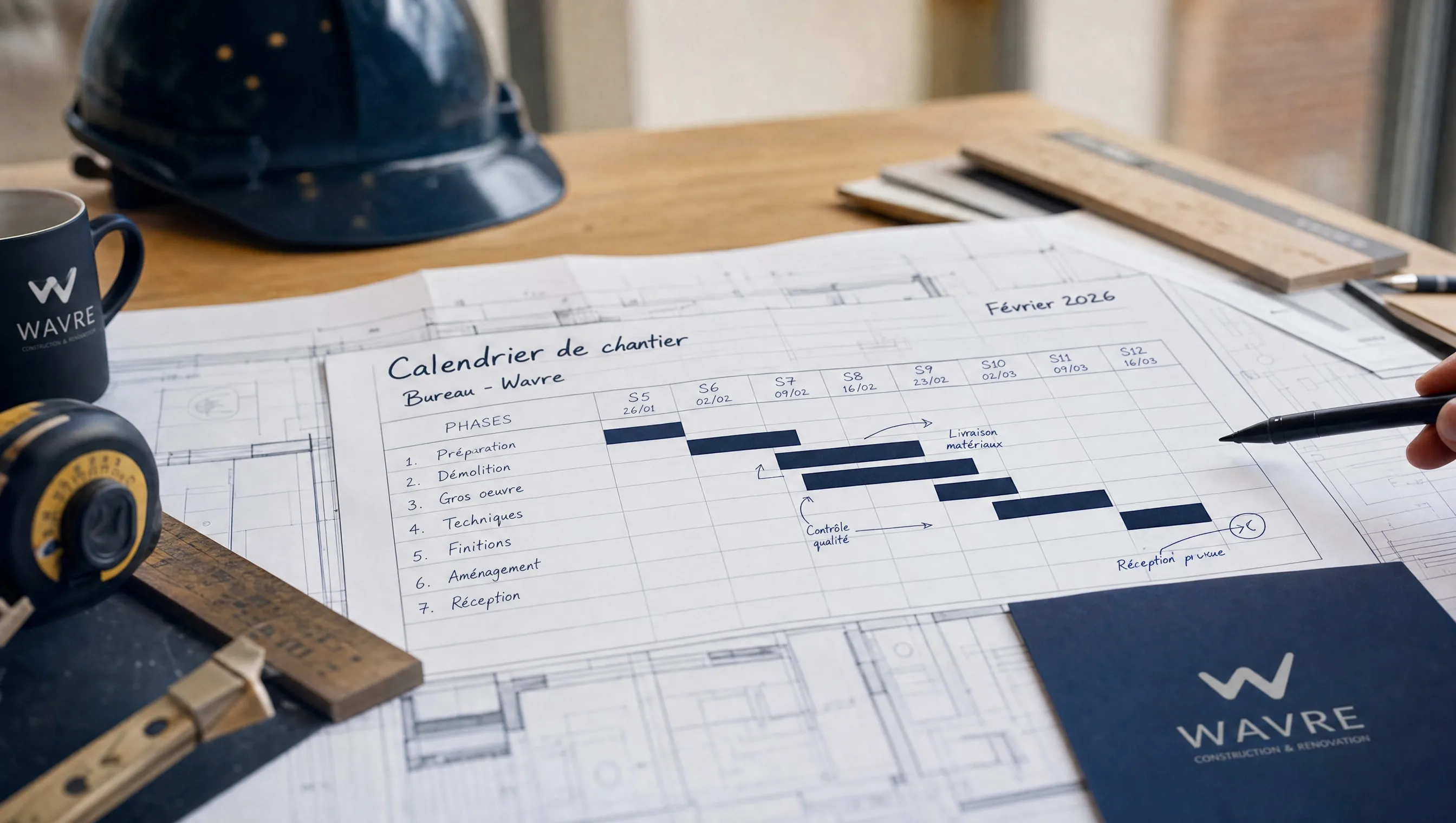 Calendrier de chantier annoté sur un plan d'architecte, bureau Wavre, février 2026