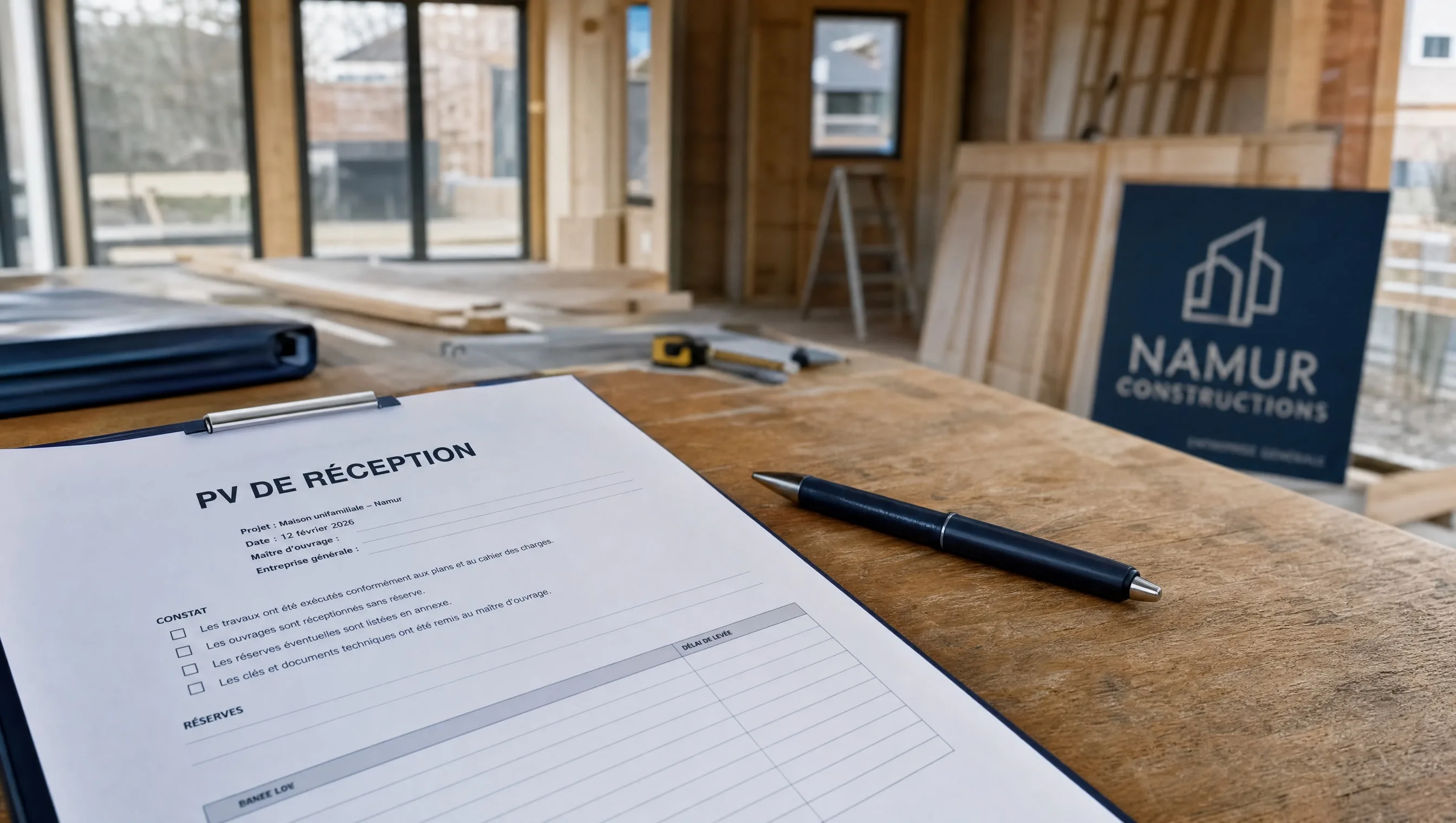 PV de réception non signé posé sur une table de chantier, maison neuve Namur, février 2026