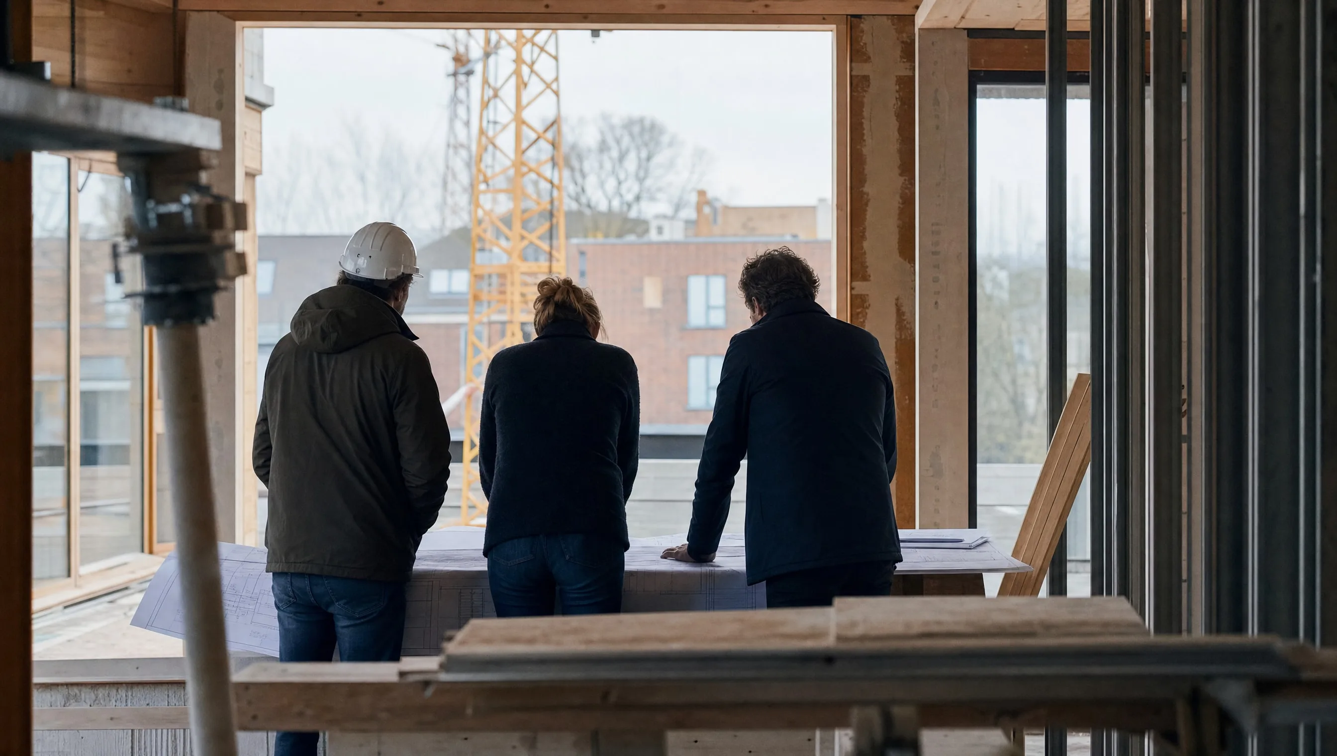Réunion de chantier entre architecte, entrepreneur et maître d'ouvrage en Belgique