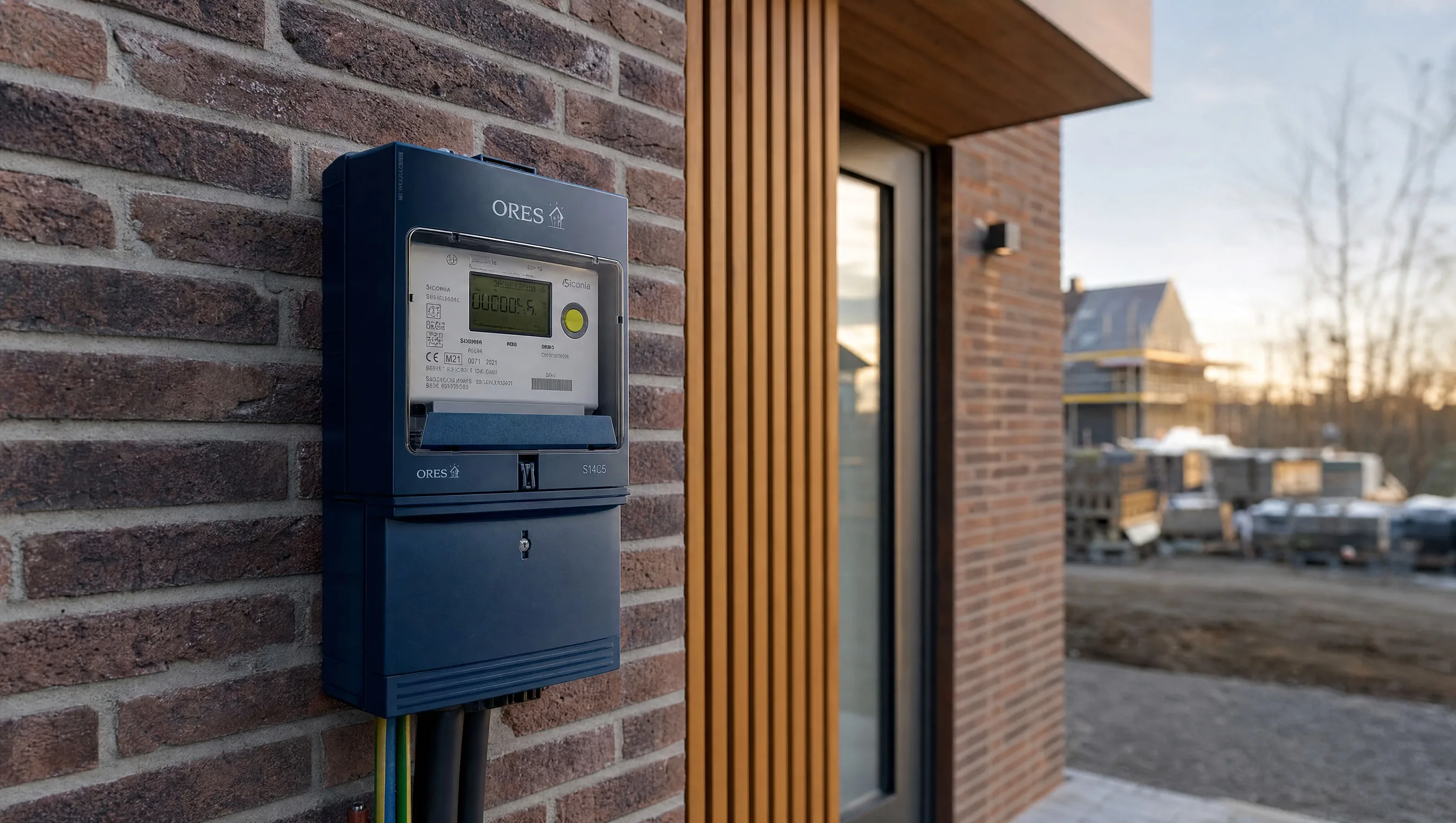 Compteur électrique Ores fraîchement posé sur façade brique d'une maison neuve, Liège, avril 2026
