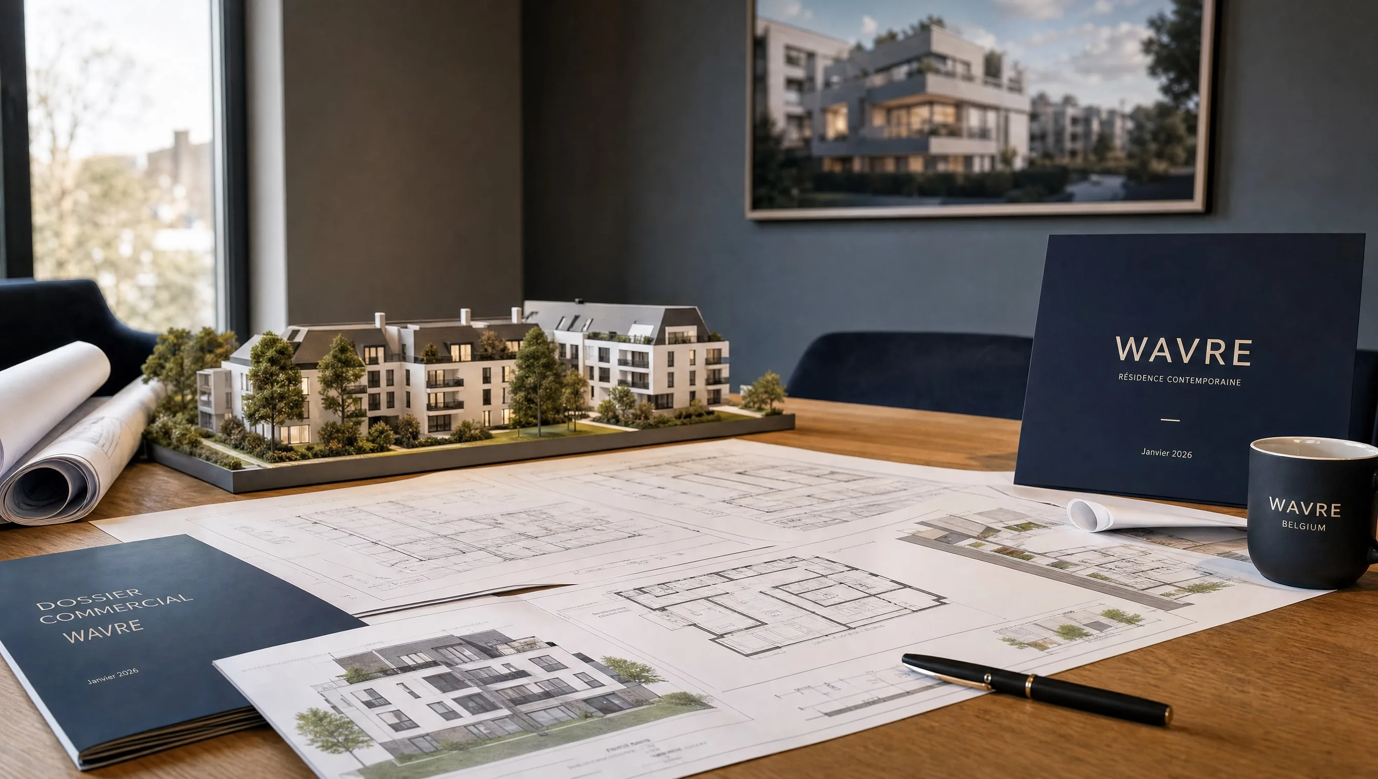 Plans architecte VEFA déployés avec maquette résidentielle, table bois, Wavre, janvier 2026