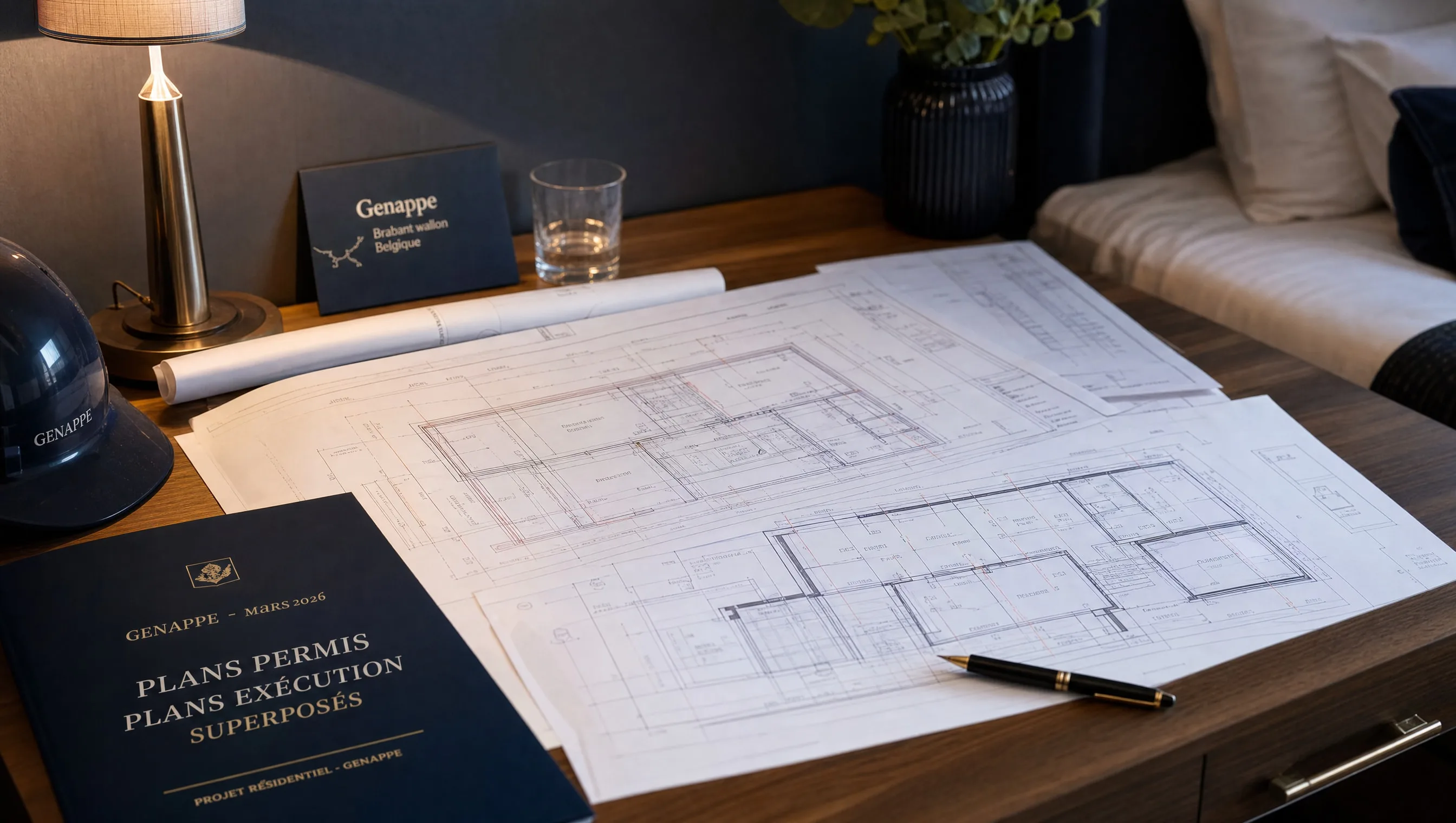 Plans permis et plans exécution superposés sur table d'hôtel, lampe de chevet allumée, Genappe, mars 2026