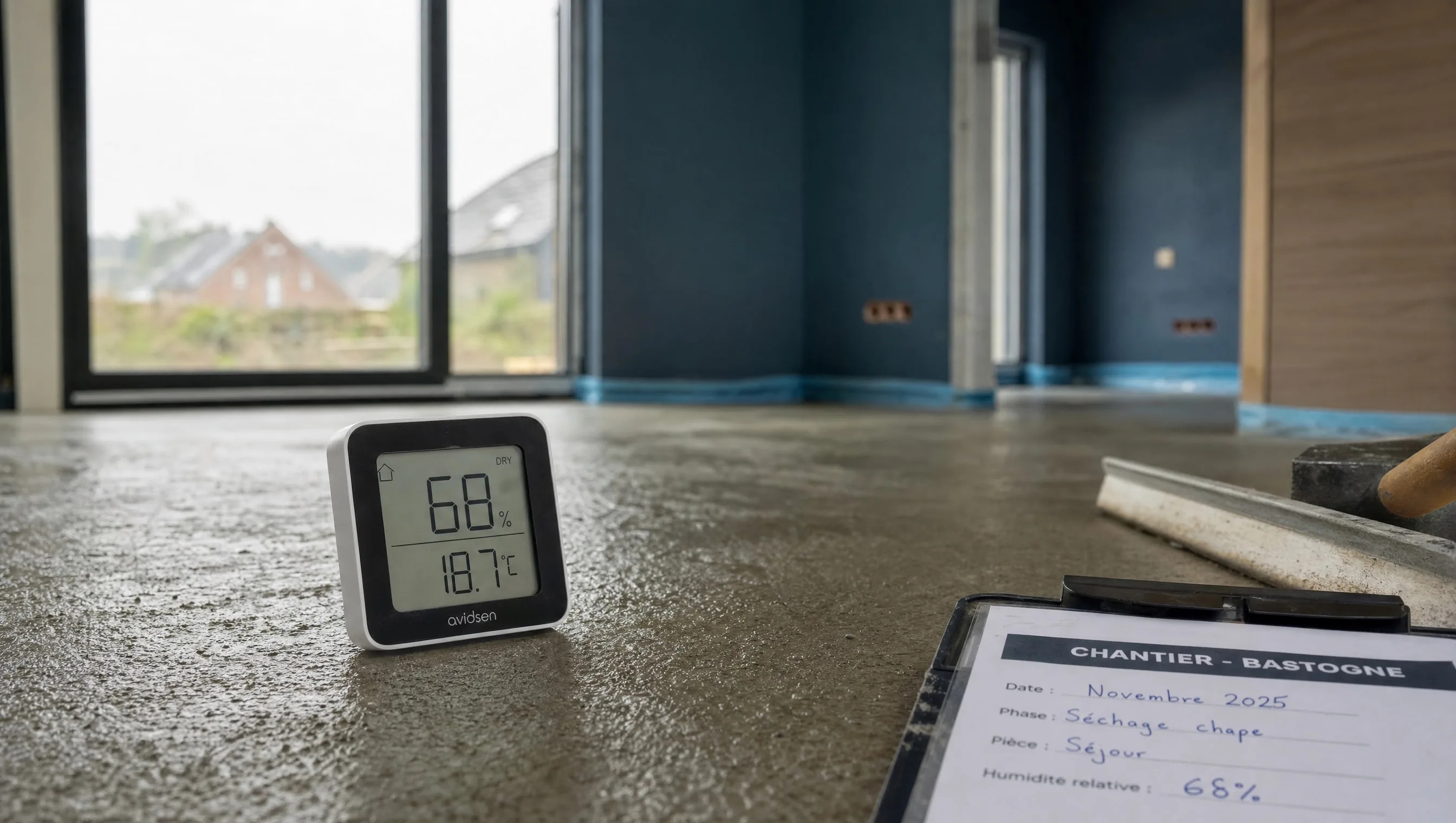 Hygromètre digital posé sur chape fraîche dans maison neuve en cours de séchage, Bastogne, novembre 2025