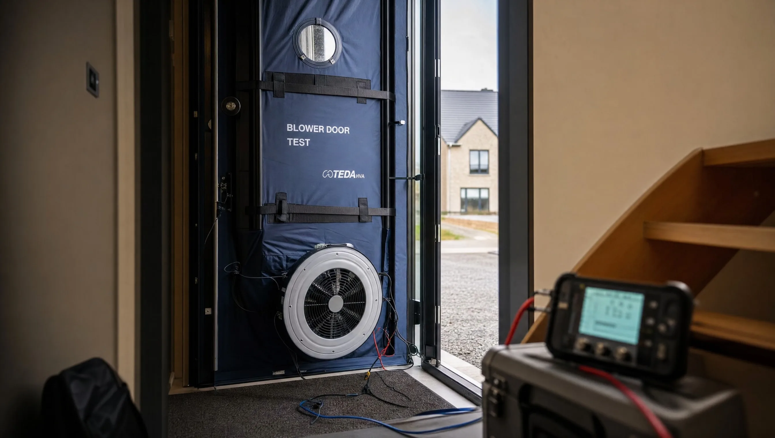 Ventilateur Blower Door fixé sur porte d'entrée d'une maison neuve en test, Nivelles, février 2026