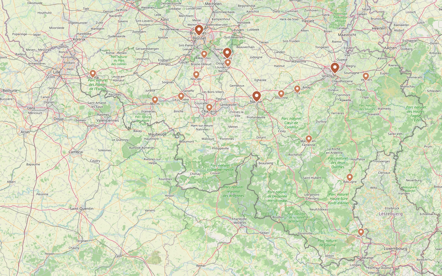 Carte de Wallonie et Bruxelles · 17 villes d'intervention · pins terra sur Bruxelles, Wavre, Liège, Namur et 13 autres villes principales